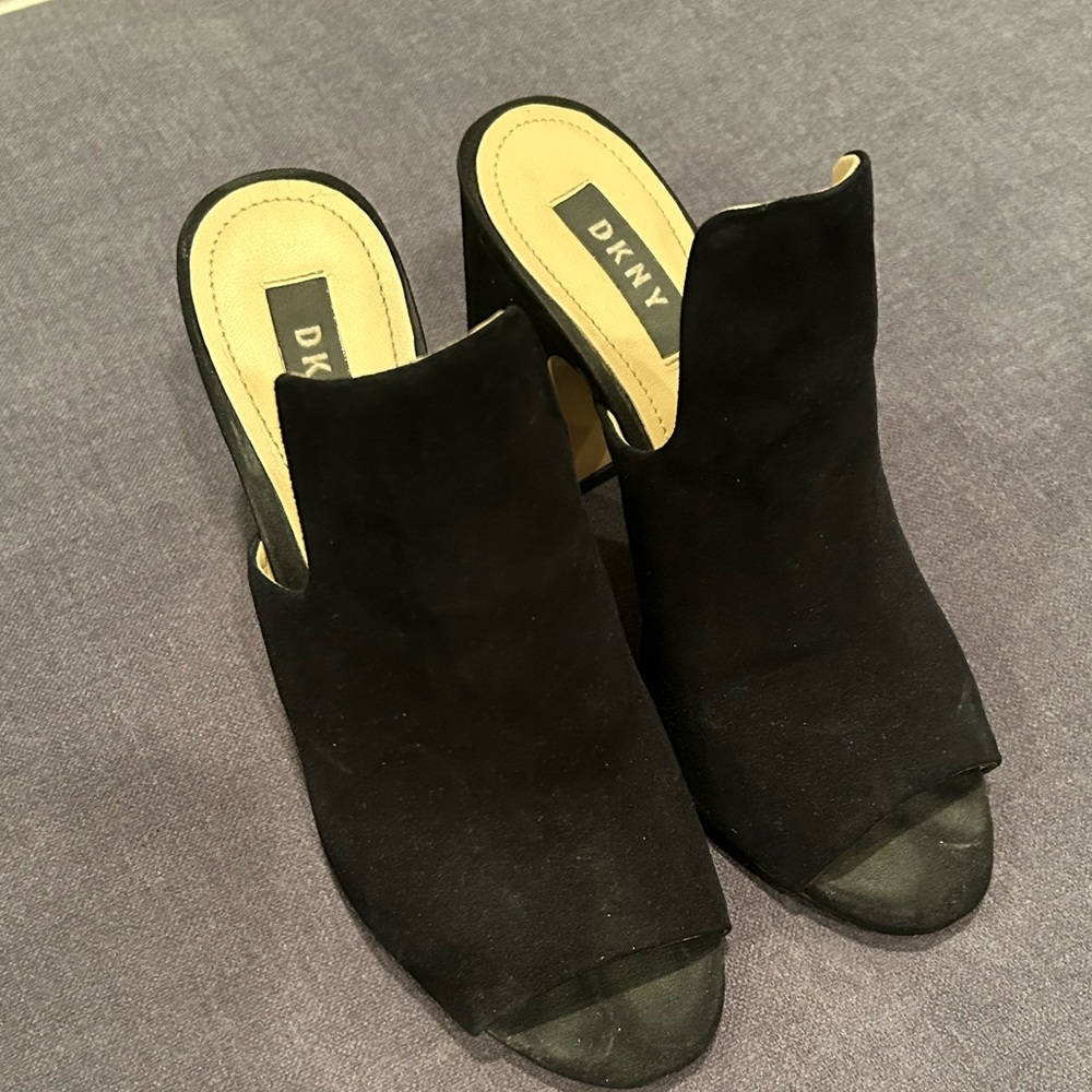 DKNY Black Suede Open-Toe Mules